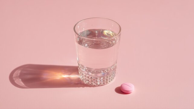 ピンクの錠剤と水の入ったグラスが並んでいる。医療や健康関連のイメージ素材に適したシンプルな構図