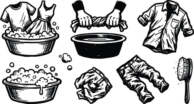 Black and white line art hand wringing laundry basin shirt and jeans icons with soap suds