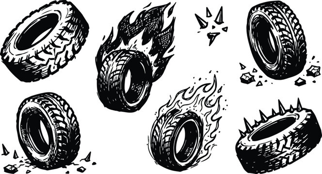 Black and white line art flaming and spiked tires sketch with motion debris