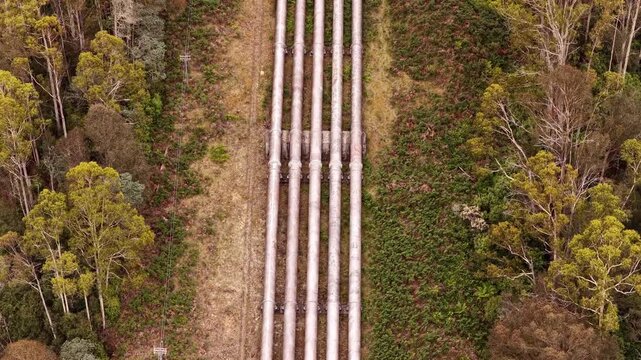 Pipes deliver water from Tasmanian hills reservoir down to power station Nive river.
