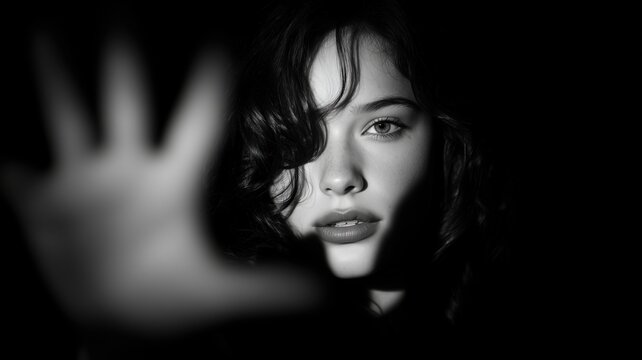 女性の顔が手を前に伸ばして写っているモノクロ写真。感情表現やポートレート作品に使えるイメージ