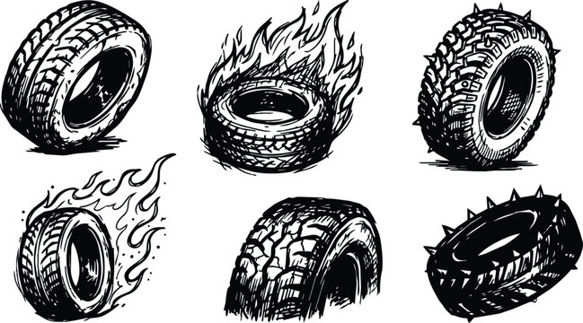 Black and white hand drawn tire collection six sketches flaming spiked offroad and racing wheels