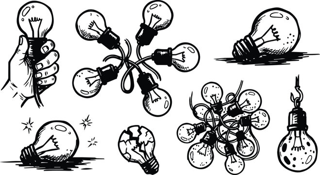 Black and white hand drawn light bulbs multiple tangled string single hanging bulb