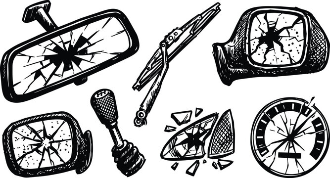Black and white line art cracked car mirrors speedometer and shattered headlight set