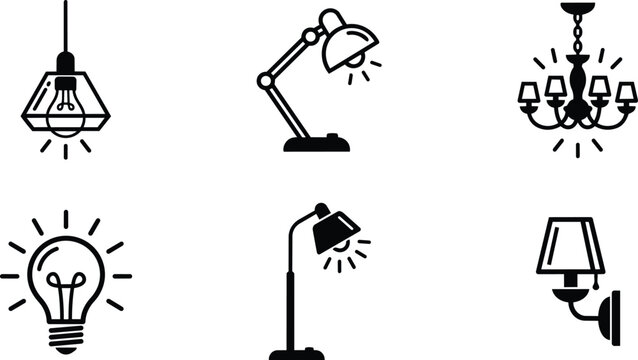 Black and white icon set six lamp and lightbulb symbols including chandelier and desk lamp