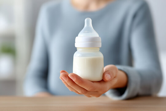 Woman hand holding a baby bottle of milk