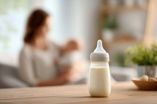 Bottle with breast milk on the background of mother holding in her hands and breastfeeding baby. Maternity and baby care.