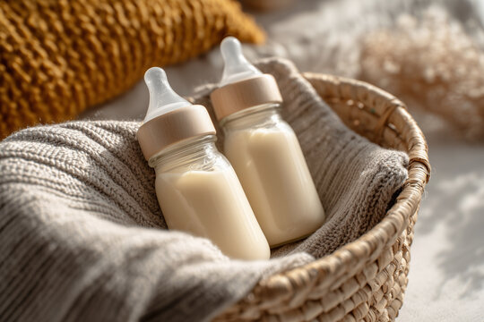 Baby bottles with milk in basket with cozy blanket. Maternity and baby care concept. Top view.