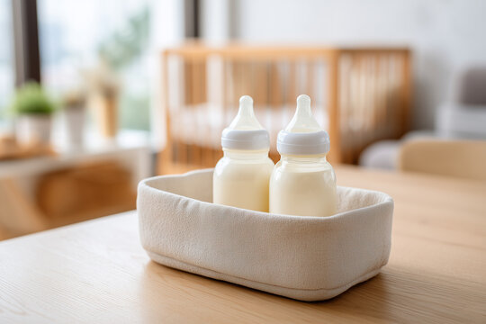 Baby bottles with milk in basket on a table.. Maternity and baby care concept.