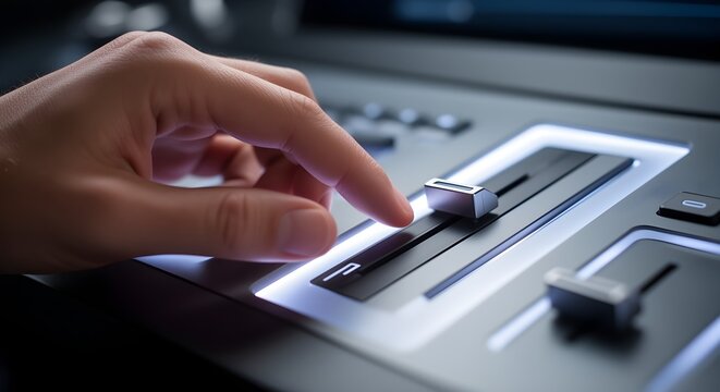 Close-up of a human hand meticulously operating a modern, illuminated control panel, making precise adjustments on a fader for professional audio or video production