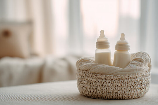Baby bottles with milk in basket. Maternity and baby care concept.