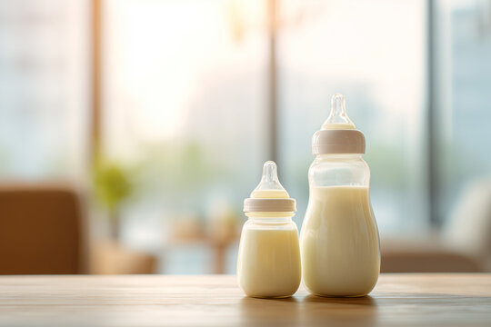 Two baby bottles with milk on table in home interior.