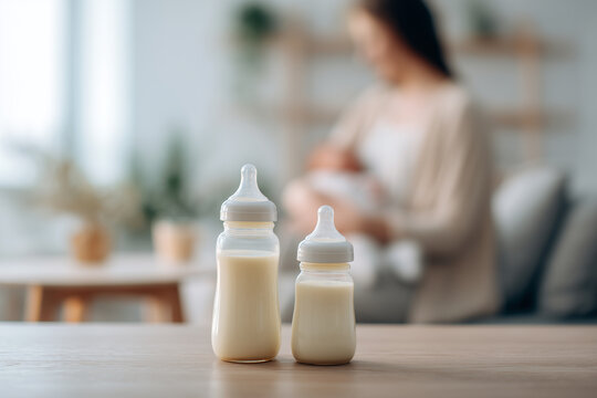 Bottles with breast milk on the background of mother holding in her hands and breastfeeding baby. Maternity and baby care.