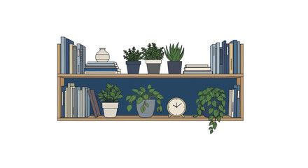 Naklejka premium Minimalist Bookshelf with Potted Plants and Clock - Cozy Home Decor