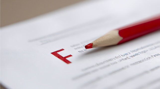 Red Pencil Marks Grade F on Document, Highlight Failure, Poor Performance, Or Assessment Results, Education, Learning, Testing