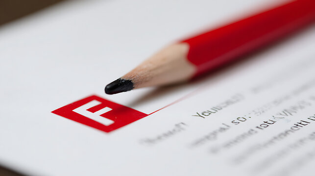 Red Pencil Near Red Grade F Mark on White Paper with Text: Focus on Education, Exams, Feedback, and Academic Assessment Concept