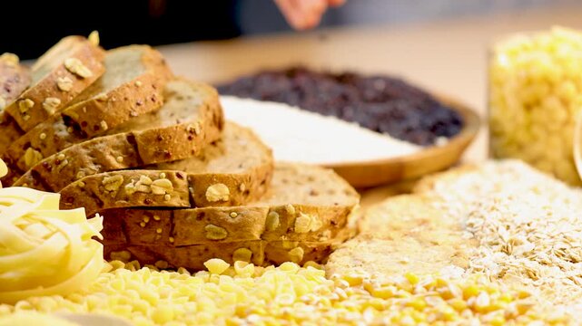 Close-up footage of whole grain bread slices and various grains like rice and oats arranged on a wooden table.