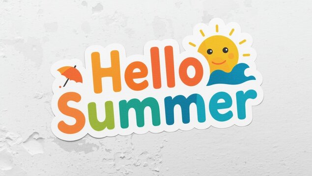 Colorful hello summer typography sticker with a cute sun and small umbrella on a textured white wall background