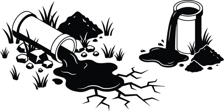 Black and white oil spill from broken pipes with cracked ground and grass