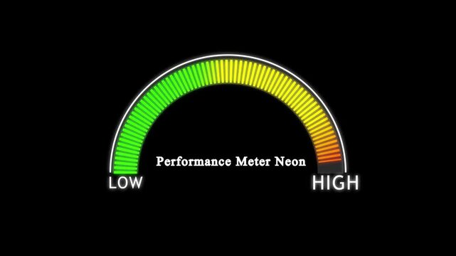 Performance Meter Neon Level Meter Gauge Animation Showing Business Progress Measurement Scale From Low To Maximum On Dark Background Success .Low and Medium to High Meter Concept . Testosterone .4k