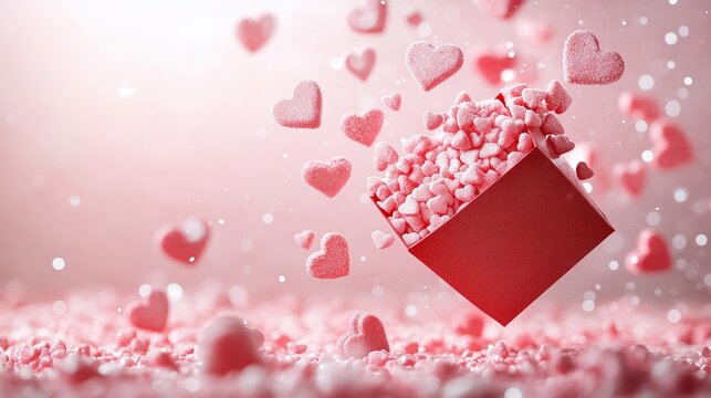 Creative love concept with an open red present box exploding into floating hearts and sweet pink festive particles