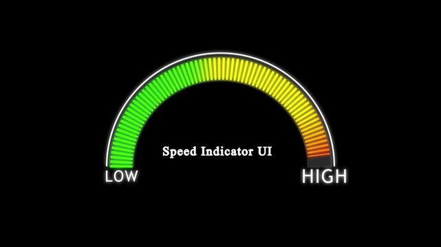 Speed Indicator UI Level Meter Gauge Animation Showing Business Progress Measurement Scale From Low To Maximum On Dark Background Success .Low and Medium to High Meter Concept . Testosterone .4k