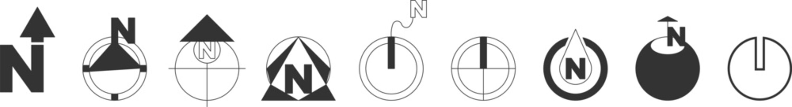 Set of minimalist architectural north arrow icons and compass symbols, featuring clean black and white vector line designs.