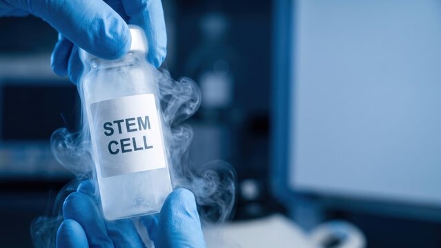 Hands Holding Cryogenic Vial Emitting Cold Vapor Associated with Cellular Regenerative Medicine