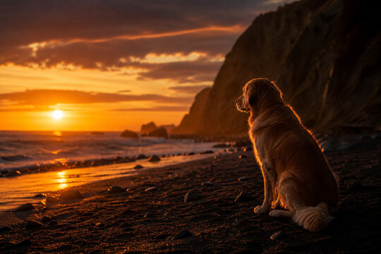 Golden Retriever dog sitting on a pebble beach watching the sunset / Perro Golden Retriever sentado en una playa de piedras mirando el atardecer