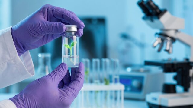 Scientist Holding Test Tube with Glowing Genetically Modified Plant Sprout in Lab