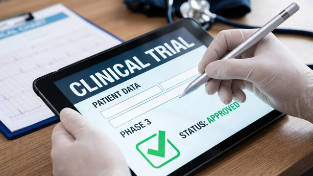 Digital Tablet Showing Approved Patient Data for Clinical Trial Phase 3 Testing
