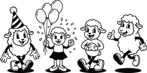 Obraz premium Black and white retro cartoon sheep with balloons confetti and party hat in row