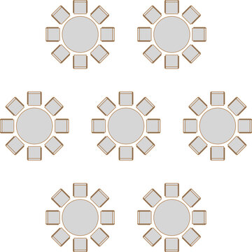 Technical architectural plan view showing a collection of round tables, each surrounded by eight chairs arranged radially for dining or meeting setups.