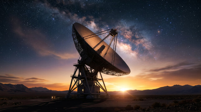 Satellite dish observatory scanning deep space signals at sunset.