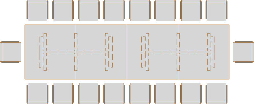 Technical architectural plan view of a long rectangular conference table setup with chairs on three sides and internal trestle support details.