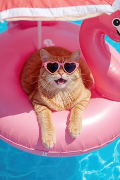 Ginger cat wearing pink heart shaped sunglasses relaxing on a flamingo pool float in bright blue swimming water