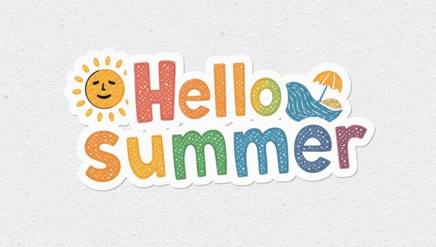 Hand drawn hello summer sticker with cute sun and beach umbrella on textured white paper