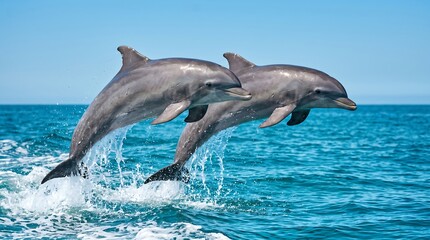 Fototapeta premium Two majestic bottlenose dolphins leap gracefully from the azure ocean waves, their sleek bodies glistening under the bright clear sky, showcasing the beauty of marine wildlife in their natural habitat