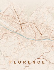 Fototapeta premium Florence Italy city map art print , Terracotta style with earthy terracotta and warm rust tones on sandy beige background. Minimalist wall art poster ideal for home, office and tr...