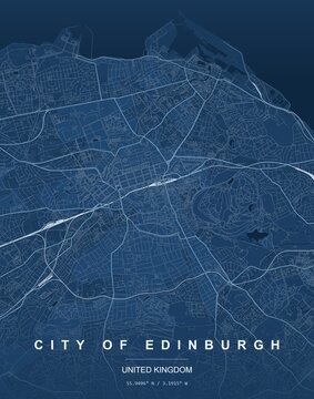 City of Edinburgh Scotland city map art print , Blueprint style with architect-style blueprint with white and cyan lines on navy blue. Minimalist wall art poster ideal for home,...