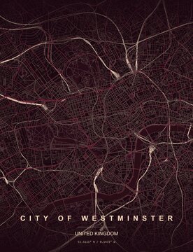 City of Westminster UK city map art print , Ruby style with bold ruby red and crimson street highlights on dark background. Minimalist wall art poster ideal for home, office and t...