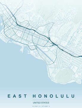 East Honolulu USA city map art print , Ocean style with calming ocean-inspired tones with teal and aqua street networks. Minimalist wall art poster ideal for home, office and trav...