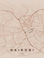Obraz premium Nairobi Kenya city map art print , Copper style with warm copper and bronze tones with rich metallic street highlights. Minimalist wall art poster ideal for home, office and trave...