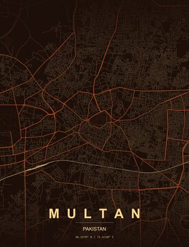 Multan Pakistan city map art print , Heatwave style with dark background with glowing amber and burnt orange street networks. Minimalist wall art poster ideal for home, office and...