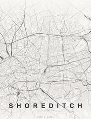 Obraz premium Shoreditch UK city map art print , Japanese Ink style with minimalist Japanese ink-wash style with monochrome brush strokes. Minimalist wall art poster ideal for home, office and ...