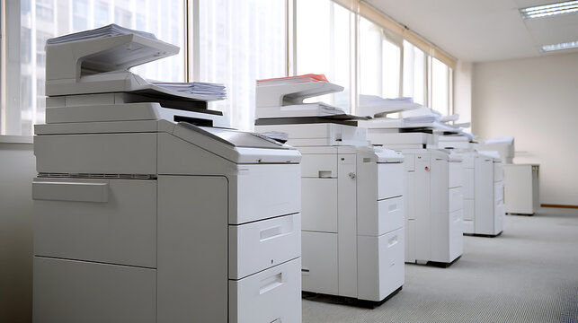 Row of Modern Office Machines for Document Reproduction and Scanning in a Bright Workplace Environment with Sunlight, Copy Automation