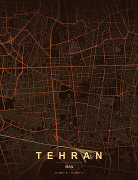 Tehran Iran city map art print , Heatwave style with dark background with glowing amber and burnt orange street networks. Minimalist wall art poster ideal for home, office and tra...