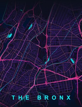 The Bronx USA city map art print , Neon style with electric neon glow with vivid cyberpunk-inspired street highlights. Minimalist wall art poster ideal for home, office and travel...