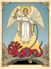Obraz premium Catholic angel binding serpent revelation holy card illustration