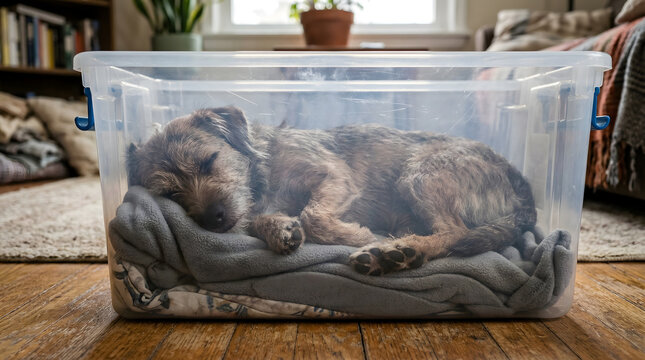 Dog sleeping comfortably inside plastic storage bin